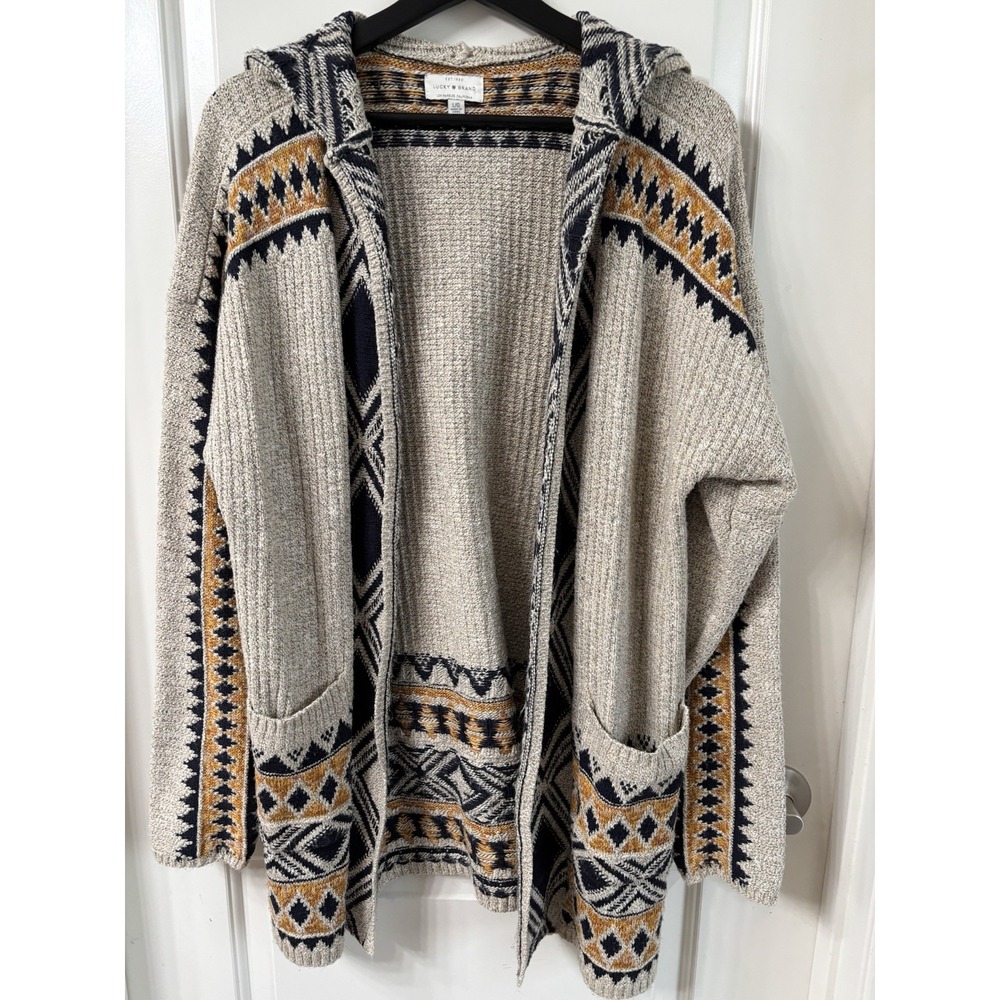 Lucky Brand Chunky Cardigan Sweater L Beige Geometric Knit Open Front Aztec Hood